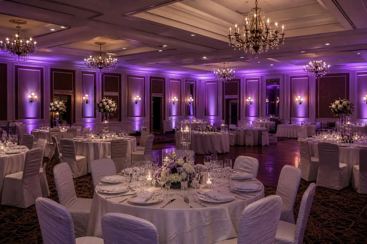 Royal purple columns around a chandelier ballroom