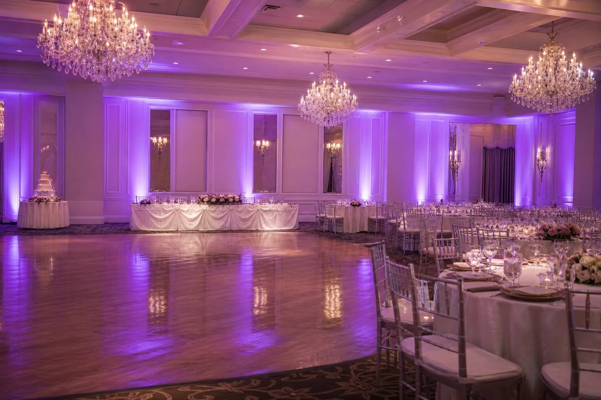 Violet around a coffered ballroom with chandeliers