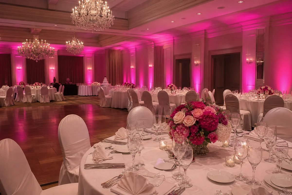 Vivid fuchsia uplighting around the ballroom perimeter