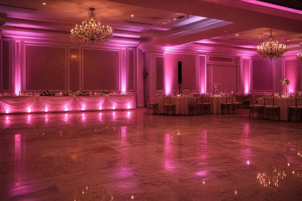 Fuchsia wall wash framing the dance floor