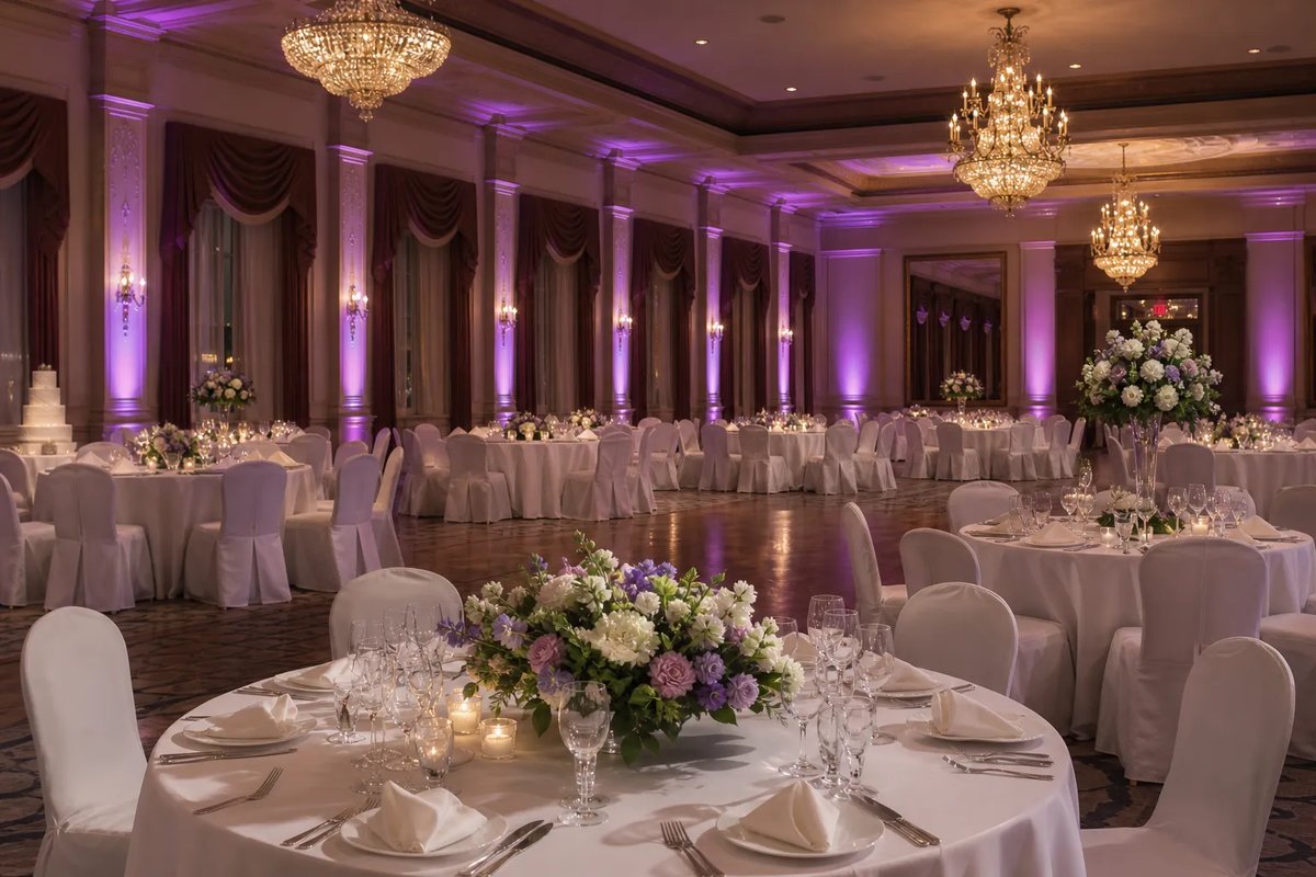 Violet columns of light around the ballroom